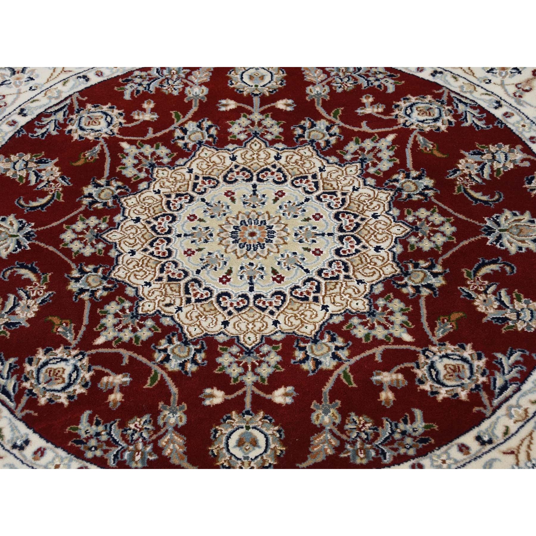 6'x6' Wool And Silk 250 Kpsi Hand Knotted Red Nain Round Hand Knotted